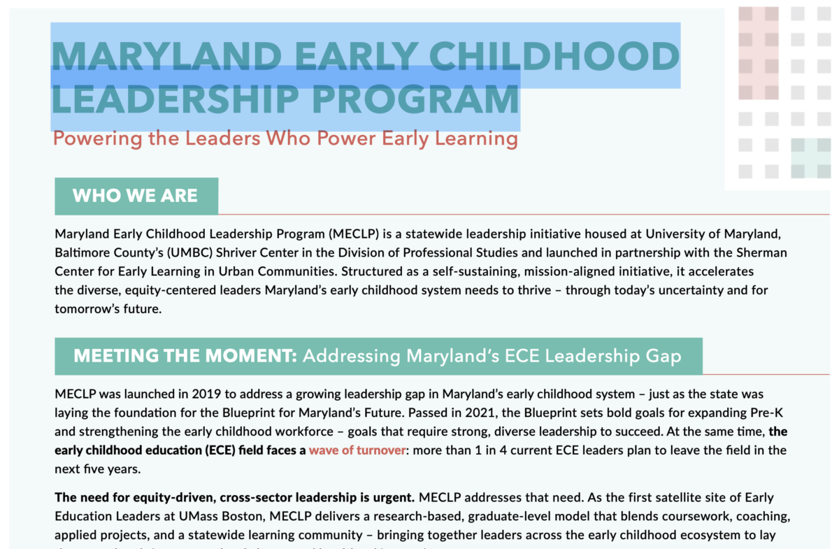 MARYLAND EARLY CHILDHOOD LEADERSHIP PROGRAM